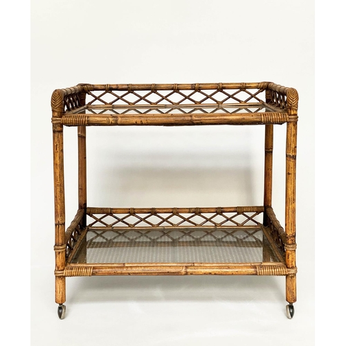 135 - CONSOLE TABLE, rattan framed and cane panelled with two glazed shelves, gallery and castors, 72cm x ... 