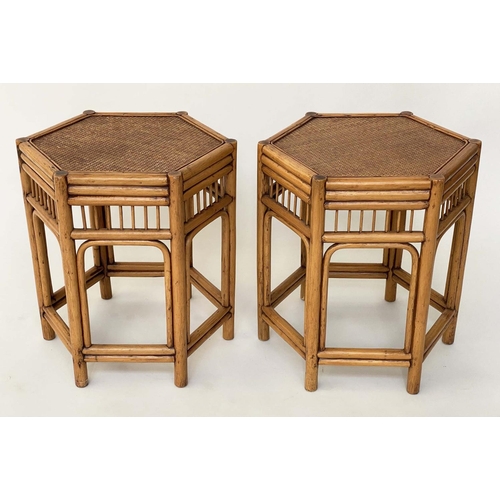 137 - LAMP TABLES, a pair, 1950's hexagonal bamboo and cane panelled, 46cm x 51cm H. (2)