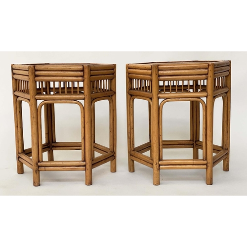 137 - LAMP TABLES, a pair, 1950's hexagonal bamboo and cane panelled, 46cm x 51cm H. (2)