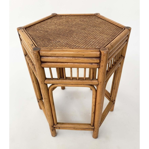 137 - LAMP TABLES, a pair, 1950's hexagonal bamboo and cane panelled, 46cm x 51cm H. (2)