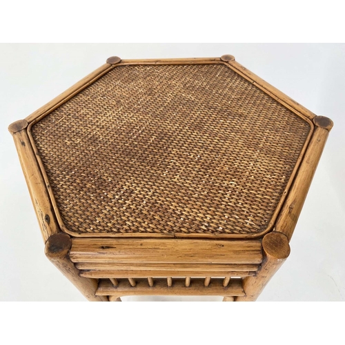 137 - LAMP TABLES, a pair, 1950's hexagonal bamboo and cane panelled, 46cm x 51cm H. (2)