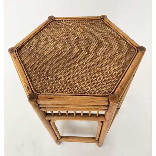 137 - LAMP TABLES, a pair, 1950's hexagonal bamboo and cane panelled, 46cm x 51cm H. (2)