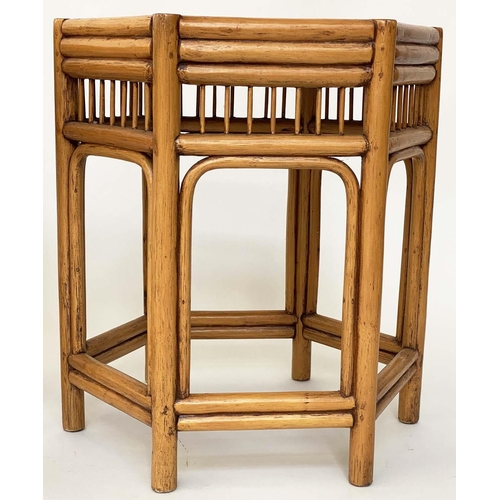 137 - LAMP TABLES, a pair, 1950's hexagonal bamboo and cane panelled, 46cm x 51cm H. (2)