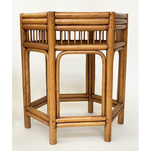 137 - LAMP TABLES, a pair, 1950's hexagonal bamboo and cane panelled, 46cm x 51cm H. (2)