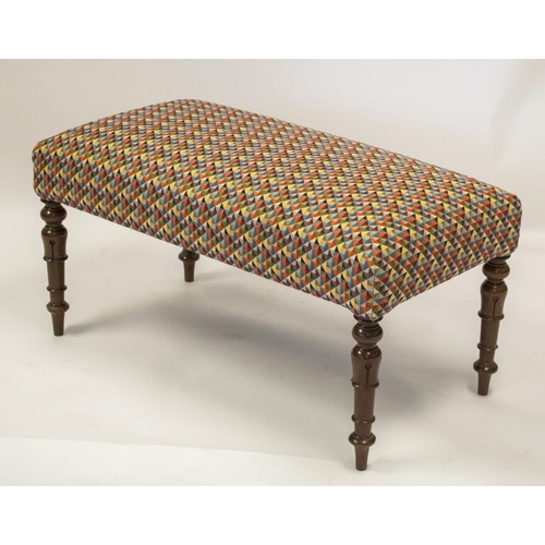 144 - STOOL, 46cm H x 94cm x 48cm, part William IV mahogany in geometric patterned upholstery.