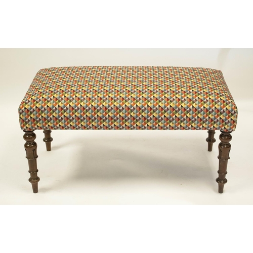 144 - STOOL, 46cm H x 94cm x 48cm, part William IV mahogany in geometric patterned upholstery.