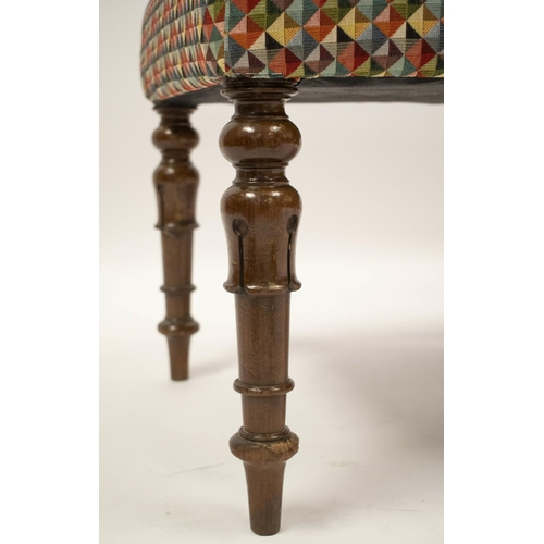 144 - STOOL, 46cm H x 94cm x 48cm, part William IV mahogany in geometric patterned upholstery.