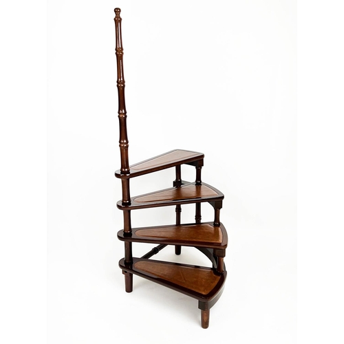 152 - LIBRARY STEPS, Georgian style mahogany with four gilt tooled leather tread spiral steps and pole, 11... 