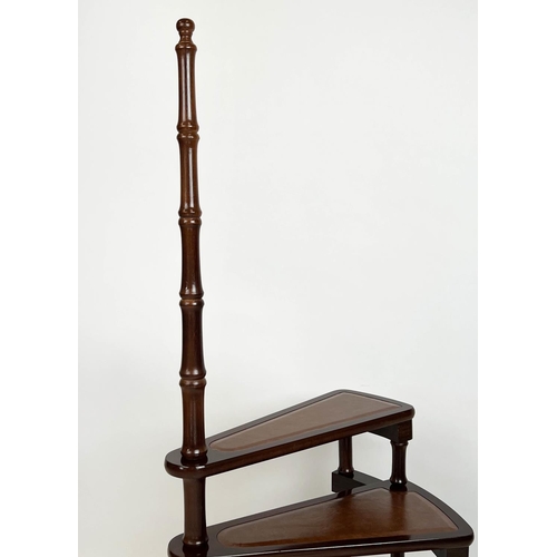 152 - LIBRARY STEPS, Georgian style mahogany with four gilt tooled leather tread spiral steps and pole, 11... 