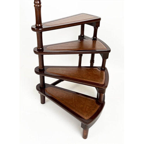 152 - LIBRARY STEPS, Georgian style mahogany with four gilt tooled leather tread spiral steps and pole, 11... 