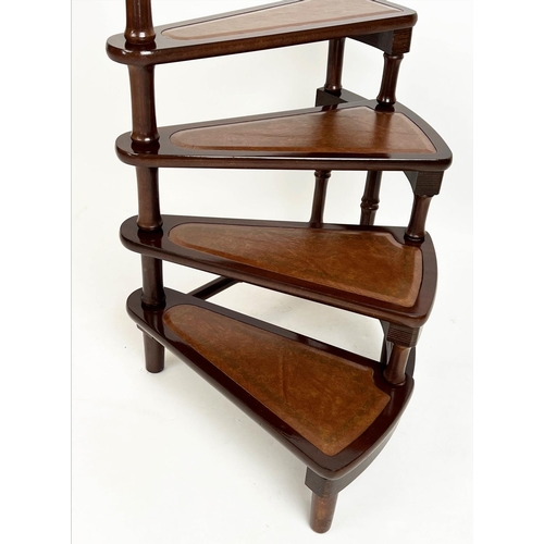 152 - LIBRARY STEPS, Georgian style mahogany with four gilt tooled leather tread spiral steps and pole, 11... 