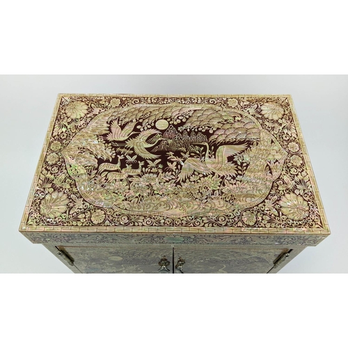 16 - JEWELLERY BOX, Oriental style, mother of pearl decorated, depicting geese in a garden setting, 37cm ... 
