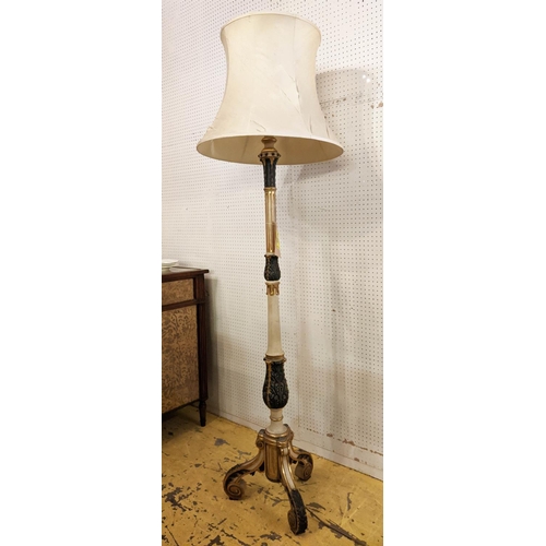 178 - STANDARD LAMP, 187cm H cream and gilt on tripod supports.