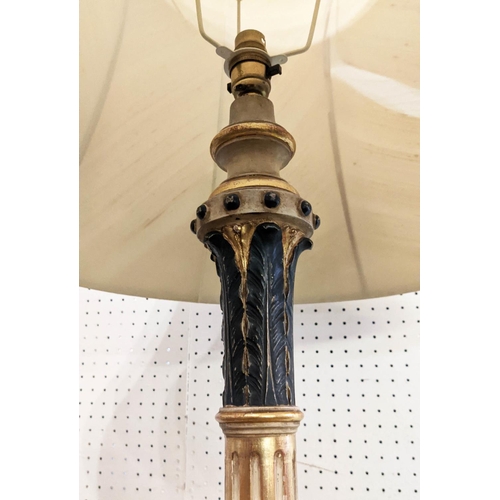 178 - STANDARD LAMP, 187cm H cream and gilt on tripod supports.