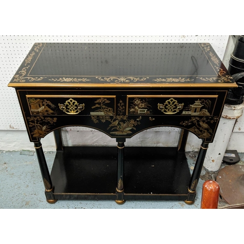 183 - CHINOISERIE SIDE TABLE BY BAKER, 87cm x 38cm x 81cm H, black and gilt with two drawers.