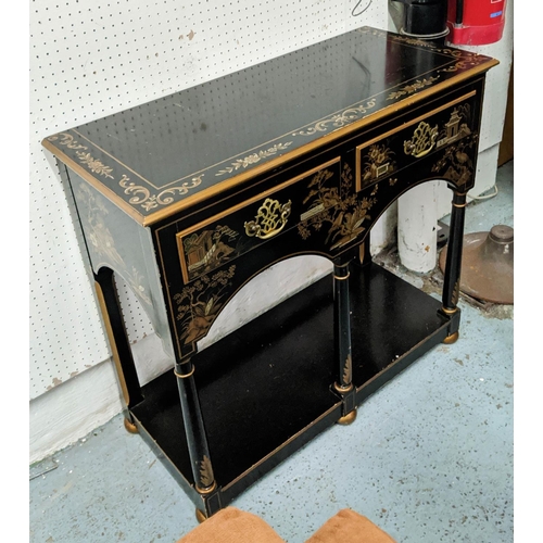 183 - CHINOISERIE SIDE TABLE BY BAKER, 87cm x 38cm x 81cm H, black and gilt with two drawers.