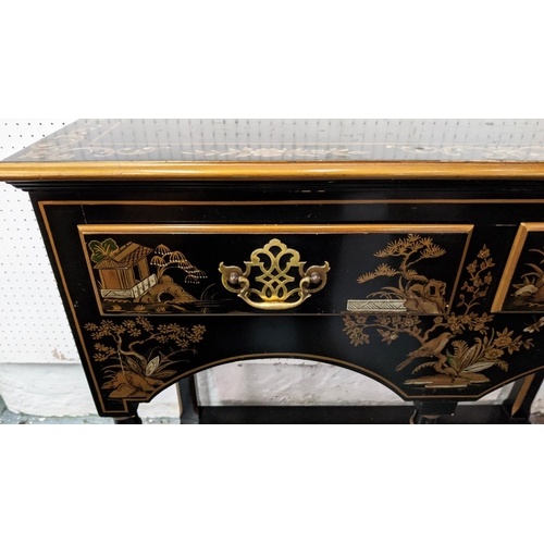 183 - CHINOISERIE SIDE TABLE BY BAKER, 87cm x 38cm x 81cm H, black and gilt with two drawers.