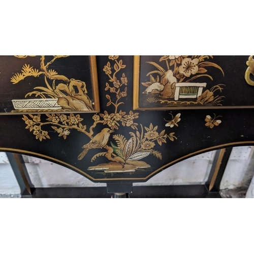 183 - CHINOISERIE SIDE TABLE BY BAKER, 87cm x 38cm x 81cm H, black and gilt with two drawers.