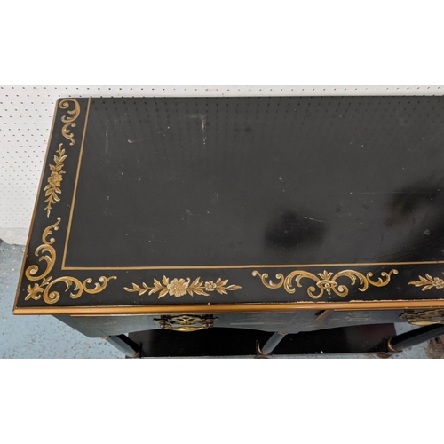 183 - CHINOISERIE SIDE TABLE BY BAKER, 87cm x 38cm x 81cm H, black and gilt with two drawers.