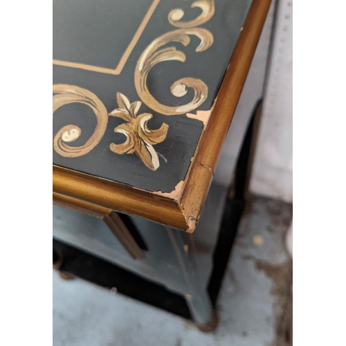 183 - CHINOISERIE SIDE TABLE BY BAKER, 87cm x 38cm x 81cm H, black and gilt with two drawers.