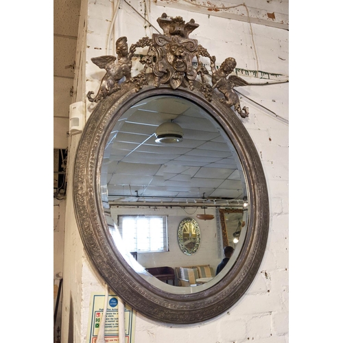 185 - WALL MIRROR, 78cm W x 111cm H 19th century silvered wood and gesso with a lion mask and grotesque wi... 