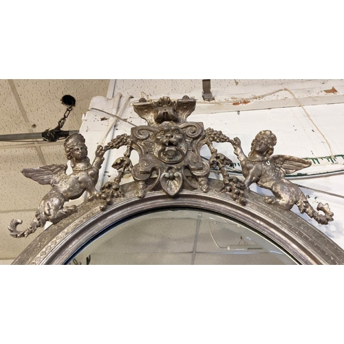 185 - WALL MIRROR, 78cm W x 111cm H 19th century silvered wood and gesso with a lion mask and grotesque wi... 