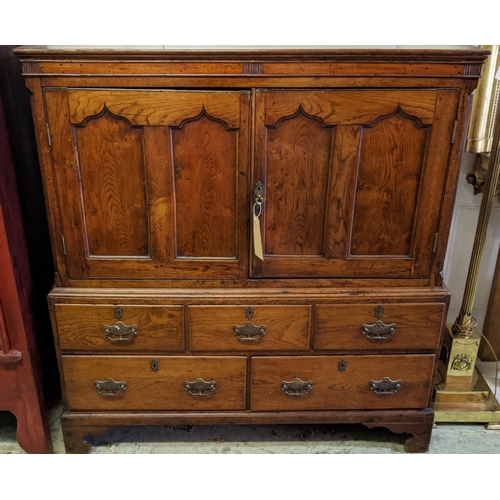 193 - LIVERY CUPBOARD, 18th century and later oak two double panel doors, base with five drawers, 140cm H ... 