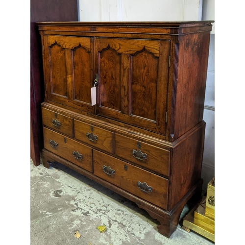 193 - LIVERY CUPBOARD, 18th century and later oak two double panel doors, base with five drawers, 140cm H ... 