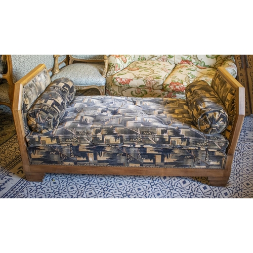 242 - DAYBED, Art Deco beechwood, circa 1930, in original patterned cut velvet with adjustable end and cus... 