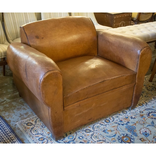 265 - ARMCHAIR BED, French Art Deco, brown leather, circa 1925, with retractable spring bed base, chair 78... 