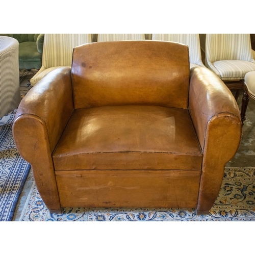 265 - ARMCHAIR BED, French Art Deco, brown leather, circa 1925, with retractable spring bed base, chair 78... 