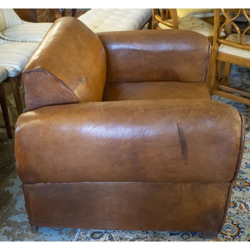 265 - ARMCHAIR BED, French Art Deco, brown leather, circa 1925, with retractable spring bed base, chair 78... 