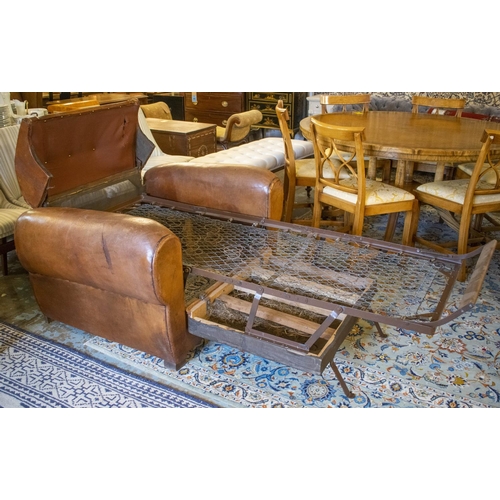 265 - ARMCHAIR BED, French Art Deco, brown leather, circa 1925, with retractable spring bed base, chair 78... 