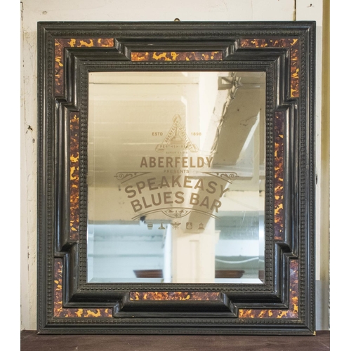 267 - PUB WALL MIRROR, 89cm H x 78cm W, Flemish style ebonised and tortoise shell effect with inscribed pl... 