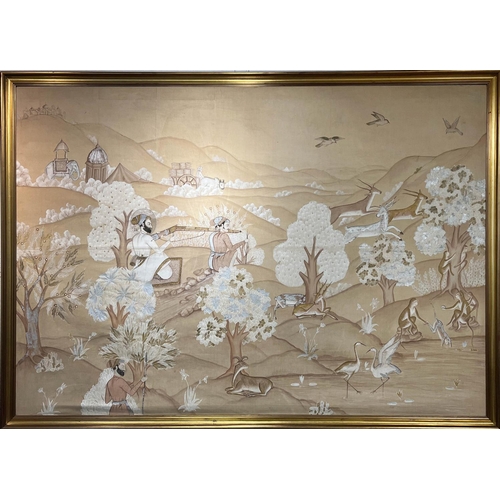 38 - INDIAN SCHOOL, 'Hunting scene', gouache on silk, 137cm x 201cm, framed.