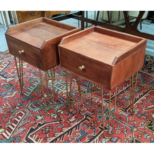 385 - SIDE TABLES, a pair, 41cm x 34cm x 58cm, Danish style on hairpin legs, a drawer in each. (2)