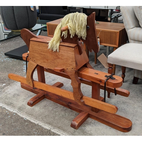 386 - ROCKING HORSE, 120cm x 50cm x 80cm, vintage 1950s pine with wool work mane.