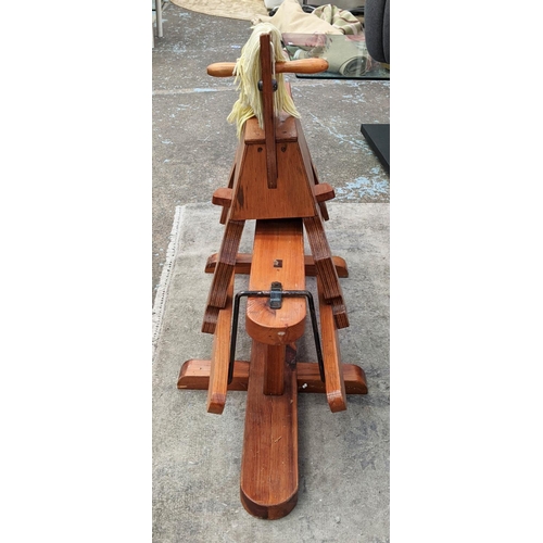 386 - ROCKING HORSE, 120cm x 50cm x 80cm, vintage 1950s pine with wool work mane.