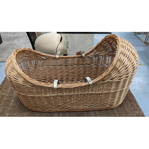 387 - WICKERWORK CRIB, 90cm x 38cm x 50cm, with two handles.