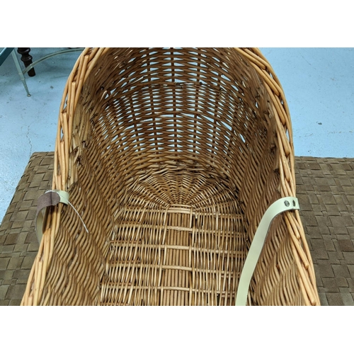 387 - WICKERWORK CRIB, 90cm x 38cm x 50cm, with two handles.