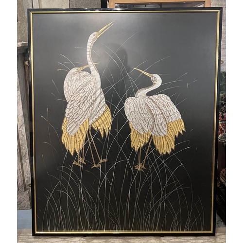 39 - 20TH CENTURY JAPANESE SCHOOL, 'Cranes', a pair of mixed media, 150cm x 119cm, framed and glazed. (2)