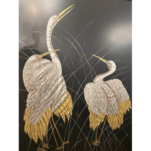 39 - 20TH CENTURY JAPANESE SCHOOL, 'Cranes', a pair of mixed media, 150cm x 119cm, framed and glazed. (2)