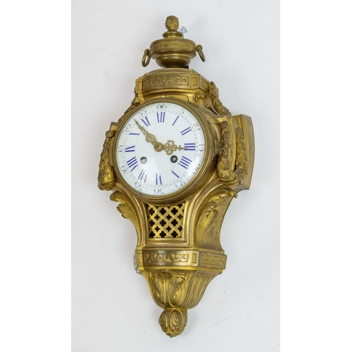 4 - CARTEL CLOCK, French C.1880s Louis XVI style urn finial above enamel face with swags and acanthus de... 