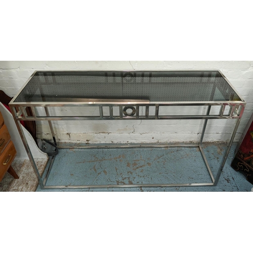 419 - CONSOLE TABLE, 140cm 48cm x 80cm, Bauhaus style, polished metal, smoked glass top.