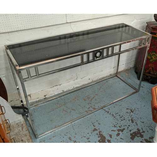 419 - CONSOLE TABLE, 140cm 48cm x 80cm, Bauhaus style, polished metal, smoked glass top.