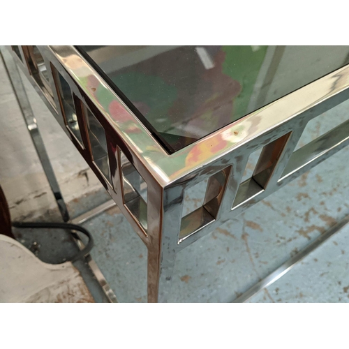 419 - CONSOLE TABLE, 140cm 48cm x 80cm, Bauhaus style, polished metal, smoked glass top.