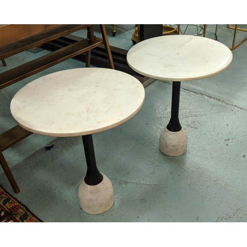 347 - MARTINI TABLES, a pair, marble with black detail, 46cm diam x 55.5cm. (2)