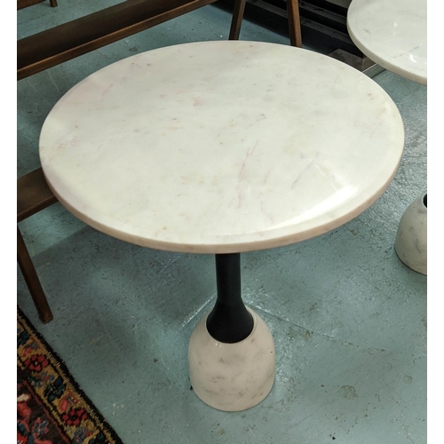 347 - MARTINI TABLES, a pair, marble with black detail, 46cm diam x 55.5cm. (2)