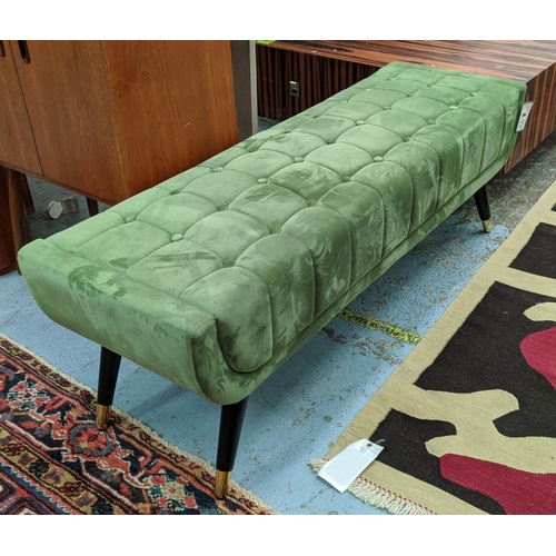 348 - LONG STOOL, 137cm x 43cm x 45cm, 1950's Italian style, green velvet upholstered.