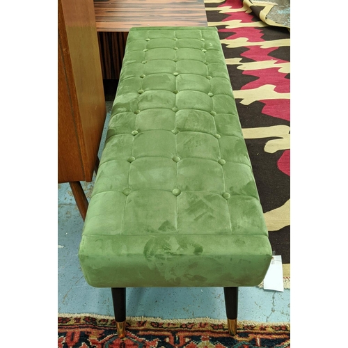 348 - LONG STOOL, 137cm x 43cm x 45cm, 1950's Italian style, green velvet upholstered.